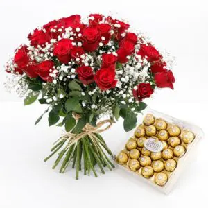 Bouquet of 25 Red Roses with Ferrero Rocher