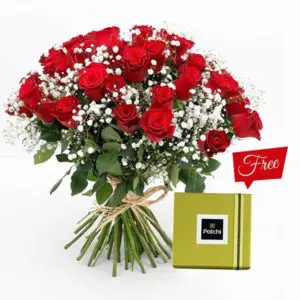 Bouquet of 25 Red Roses with Patchi Chocolate