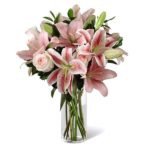 Pink Lilies with Pink Roses In A Vase