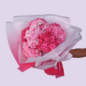 A bouquet of pink hydrangeas wrapped in white paper with a pink ribbon.