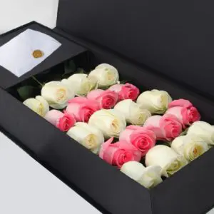 Pink & White Roses in Black Box