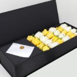 White & Yellow Roses in Black Box