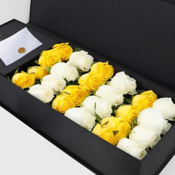 White & Yellow Roses in Black Box