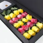 Yellow & Deep Purple Roses in Black Box
